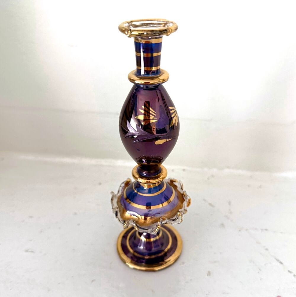 Vintage Egyptian Hand Blown Purple Glass Perfume Bottle 24k Gold Gilt Bud Vase